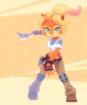 2018 abstract_background accessory activision anthro bandicoot belt biped black_nose blonde_hair boomerang bottomwear breasts clothed clothing coco_bandicoot crash_bandicoot_(series) female fingerless_gloves footwear fully_clothed gloves green_eyes hair hair_accessory hairband handwear holding_object holding_weapon holster kempferzero knee_pads long_hair mammal marsupial midriff pants shirt shoes skylanders_academy smile solo standing t-shirt tank_top topwear weapon