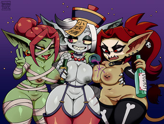 alcohol amber_eyes areola bandage beverage biped bodily_fluids bottle breast_squish breasts clothing container costume drooling ear_piercing ear_ring eyelashes female female/female genitals gesture green_body green_skin grin group hair hand_behind_back hand_gesture holding_bottle holding_container holding_object holidays humanoid_pointy_ears innie_vulva legwear mostly_nude navel nipple_piercing nipples not_furry notched_ear one_eye_closed piercing pointy_ears pupils purple_eyes red_clothing red_eyes red_hair ring_piercing saliva sharp_teeth simple_background smile squish standing tail tail_tuft teeth thick_thighs thigh_highs tongue tongue_out trio tuft v_sign vulva wide_hips twistingtoxic halloween goblin humanoid 2025