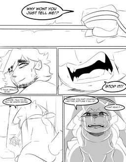 all_fours angry anthro bodily_fluids crying dialogue duo facial_hair facial_scar fangs female kneeling leash leash_pull looking_up male pain pained_expression sad scar tears tears_of_pain tears_of_sadness teeth text spicykiwi nintendo pokemon thomas_(spicykiwi) tulip_(spicykiwi) floragato generation_9_pokemon human mammal pokemon_(species) absurd_res comic english_text hi_res monochrome story