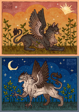 avian_feet blue_eyes blue_sky breasts brown_body brown_feathers busty_feral cheek_tuft chest_tuft claws cosmic_background duo ears_back ears_up facial_tuft feathers feet female feral fluffy fur grey_body grey_fur lying moon nipples nude orange_sky outside pivoted_ears plant roots sky spread_wings standing starry_background stylized sun tail tail_tuft talons text toes tuft whiskers white_body white_feathers white_fur wing_claws wings yellow_eyes fruitblush mythology avian felid gryphon mammal mythological_avian mythological_creature mythological_sphinx absurd_res artist_name hi_res