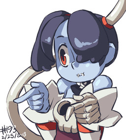 armwear big_butt blue_body blue_hair blue_skin bone bone_hand butt butt_shot clothed clothing dancing detached_sleeves dress female hair hair_over_eye neckwear not_furry parody ponytail red_eyes shaking_butt side_ponytail simple_background skull_accessory solo white_background junkpuyo copyright_request skullgirls squigly humanoid undead zombie 2013 2d_animation animated animation_meme dated digital_media_(artwork) frame_by_frame loop low_res meme unavailable_at_source
