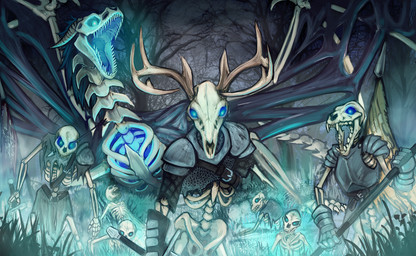 ambiguous_gender anthro antlers armor bone fangs feral fog front_view glowing glowing_eyes grass grey_armor group holding_melee_weapon holding_object holding_sword holding_weapon horn melee_weapon open_mouth outside plant skeleton sky standing sword teeth tree unsigned weapon wings acidic mythology dragon mythological_creature mythological_scalie scalie