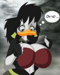 anthro beak big_breasts black_hair blurred_background bra breasts cleavage clothed clothing dialogue ear_piercing female fingerless_gloves fully_clothed gloves hair handwear navel non-mammal_breasts piercing solo speech_bubble text underwear wardrobe_malfunction ducktits darkwing_duck disney ducktales splatter_phoenix anatid anseriform avian bird duck 2016 absurd_res english_text hi_res