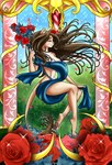 anthro art_nouveau brown_hair card card_template detailed_background eye_scar eyes_closed facial_scar female floating flower fortune_telling fur hair looking_pleasured nude plant rose_(flower) scar solo tan_body tan_fur tarot tarot_card tsarinart serbi felid lion mammal pantherine hi_res