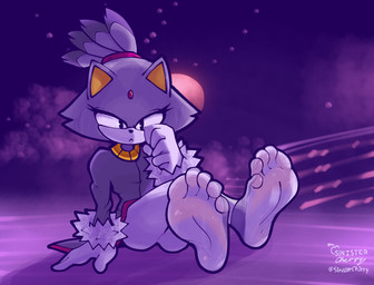 5_toes anthro barefoot clothed clothing countershade_feet countershading crossed_legs feet female fist foot_focus hair hand_on_floor humanoid_feet looking_at_viewer night plantigrade ponytail purple_body shadow sitting soles solo toes sinister_cherry sega sonic_the_hedgehog_(series) blaze_the_cat felid feline mammal hi_res