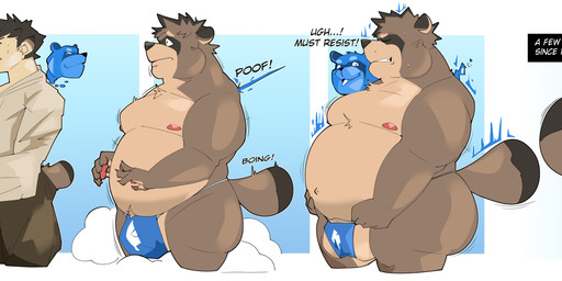 anthro asian_clothing ball_growth balls barely_visible_genitalia barely_visible_penis belly big_balls bottomwear brown_body brown_fur butt clothing countershade_face countershade_fur countershade_torso countershading dialogue duo east_asian_clothing fur genital_growth genitals growth hakama japanese_clothing loincloth looking_pleasured male male/male moobs mostly_nude navel nipples overweight penis possession tail text thick_thighs transformation weight_gain coolietf canid canine human mammal raccoon_dog spirit tanuki absurd_res english_text hi_res