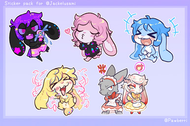 antlers black_body black_fur blowing_kiss blue_body blue_fur blue_hair blue_sclera blush blush_lines blush_stickers chibi clothed clothing crossdressing eyes_closed female floppy_ears fur grey_body grey_fur group hair half-closed_eyes hoodie horn maid_headdress maid_uniform male multicolored_body multicolored_fur narrowed_eyes open_mouth open_smile pink_body pink_fur pink_hair purple_hair red_body red_fur smile swimming_trunks swimwear topwear toy toy_gun two_tone_body two_tone_fur uniform water_gun white_body white_fur white_hair pawberry jackel_(jackel_usami) jason_(jackel_usami) jaxx_(jackel_usami) jolt_(jackel_usami) jupiter_(jackel_usami) star_(jackel_usami) jackalope lagomorph leporid mammal rabbit hi_res
