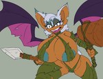 anthro areola big_breasts blue_areola blue_eyes breasts brown_body clothed clothing female hair hammer huge_breasts melee_weapon partially_clothed polearm simple_background solo spear tools weapon white_hair wings imric1251 sega sonic_the_hedgehog_(series) prim_rouge rouge_the_bat bat mammal hi_res