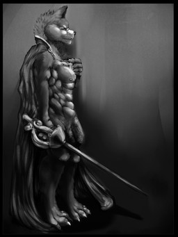 abs anthro biped cape clothing foreskin genitals holding_melee_weapon holding_object holding_sword holding_weapon humanoid_genitalia humanoid_penis looking_at_viewer male male_anthro melee_weapon mostly_nude muscular muscular_anthro muscular_male narrowed_eyes nipples pecs penis side_view simple_background solo standing sword weapon chumbasket canid canine mammal full-length_portrait hi_res monochrome portrait