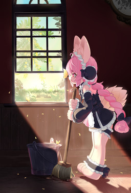 3_toes 5_fingers anklet anthro armwear barefoot black_clothing braided_pigtails broom bucket cleaning_tool clothed clothed_anthro clothed_female clothing container detached_sleeves detailed_background feet female fingers fully_clothed fully_clothed_anthro fully_clothed_female fur hair holding_broom holding_cleaning_tool holding_object inside jewelry maid_headdress maid_uniform paws pink_body pink_fur pink_hair red_eyes solo toes uniform window merge810 mihoyo zenless_zone_zero zhao_(zenless_zone_zero) arthropod butterfly insect lagomorph lepidopteran leporid mammal rabbit thiren hi_res