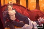 2019 abs acah_orange anthro asian_clothing bag bed biceps bottomwear claws clothed clothing digital_media_(artwork) dragon east_asian_clothing fundoshi fur furniture furred_dragon furred_scalie hi_res horn japanese_clothing loincloth looking_at_viewer male mostly_nude muscular muscular_anthro muscular_male mythological_creature mythological_scalie mythology nipples partially_clothed pecs ring scalie solo tail topless underwear