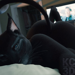 anthro ass_up bedding bedroom_eyes big_butt black_body black_fur black_nose butt calves_up camera_view electronics female fur inside looking_at_viewer lying narrowed_eyes nude on_front raised_tail seductive selfie smile solo tail television text whiskers kc3d microsoft the_elder_scrolls aziya_(kc3d) felid khajiit mammal 1:1 2023 3d_(artwork) artist_name digital_media_(artwork) hi_res watermark