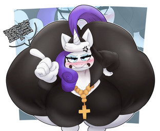 anthro bent_over big_breasts big_butt blue_eyes blush breasts butt cross female hair horn huge_breasts huge_butt hyper hyper_butt jewelry looking_at_viewer necklace nun nun_outfit purple_hair solo text white_body crowundeadcat friendship_is_magic hasbro my_little_pony mythology rarity_(mlp) equid equine horse mammal mythological_creature mythological_equine pony unicorn english_text hi_res