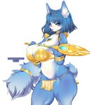 5_fingers accessory anthro arm_tuft armor belly big_breasts big_ears black_eyebrows black_nose blue_body blue_ears blue_eyes blue_face blue_fur blue_hair blue_tail blush bodily_fluids bottomwear bracers breasts cheek_tuft choker cleavage clothed clothing colored_fingernails colored_nails crotch_lines curvy_anthro curvy_female curvy_figure elbow_tuft eyebrow_through_hair eyebrows eyelashes eyeliner eyeshadow facial_tuft female fingernails fingers fluffy fluffy_ears fluffy_tail fur fur_tuft furgonomics gem glistening glistening_armor glistening_body glistening_clothing glistening_eyes glistening_fur glistening_hair glistening_jewelry glistening_legs glistening_nose glistening_topwear glistening_weapon gold_(metal) gold_armor gold_choker gold_clothing gold_jewelry gold_necklace gold_topwear gold_weapon hair half-closed_eyes holding_object holding_staff holding_weapon hourglass_figure hourglass_figured_anthro hourglass_figured_female huge_breasts humanoid_hands inner_ear_fluff jewelry loincloth long_hair long_tail looking_aside looking_at_viewer makeup mascara monotone_belly monotone_breasts monotone_fingernails monotone_hair mouth_closed multicolored_body multicolored_bottomwear multicolored_clothing multicolored_ears multicolored_face multicolored_fur multicolored_loincloth multicolored_topwear muscular muscular_anthro muscular_female muscular_legs muscular_thighs nails narrowed_eyes navel necklace pointy_ears prick_ears pubic_mound ruby_(gem) sapphire_(gem) shoulder_pads simple_background skimpy small_waist snout solo staff standing sweat tail tail_accessory tail_jewelry tailband tan_bottomwear tan_clothing tan_loincloth tan_topwear text thick_thighs tight_clothing topwear translucent translucent_hair tribal tribal_clothing tuft unconvincing_armor v-cut weapon white_background white_belly white_body white_breasts white_ears white_face white_fur wide_hipped_anthro wide_hipped_female wide_hips yellow_bottomwear yellow_clothing yellow_fingernails yellow_loincloth yellow_nails yellow_topwear cherrikissu nintendo star_fox krystal_(star_fox) canid canine fox mammal 2019 digital_media_(artwork) portrait signature three-quarter_portrait