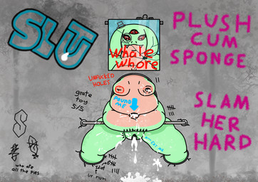3_eyes bedroom_eyes belly belly_overhang bodily_fluids breasts broken_glass broken_picture concrete_wall cracked cracked_wall cracking_wall cracks cum cum_covered cum_drip cum_in_navel cum_in_nipples cum_in_vagina cum_inside cum_on_breasts cum_on_wall cum_splatter cum_stain cum_stains deep_navel degradation degrading_tattoo dripping excessive_cum excessive_genital_fluids fangs fat_rolls fat_shaming female fifi_frog free_use front_view fucktoy genital_fluids genitals glass glory_hole glory_wall graffiti graffiti_on_body graffiti_on_wall green_body green_skin grey_background hole_in_wall instructions insult inverted_nipples leaking_cum leaking_vagina lime_green messy metal_bar misspelling multi_eye multi_pupil multicolored_body multicolored_skin narrowed_eyes navel navel_fetish navel_penetration nipple_fetish nipple_penetration nipple_play nipples nude nude_female number objectification overweight overweight_female overweight_humanoid paint penetration picture_frame picture_on_wall plump_labia profanity red_eyes red_sclera seductive sex_toy simple_background solo spray_paint stuck tally_marks tan_body tan_skin target_(marking) teeth text thick_thighs through_wall toony two_tone_body two_tone_skin vaginal vaginal_penetration vulva wall_(structure) wall_art bananacasing11_(artist) cool_s animal_humanoid aquatic aquatic_humanoid cetecean humanoid hybrid absurd_res english_text headshot_portrait hi_res portrait