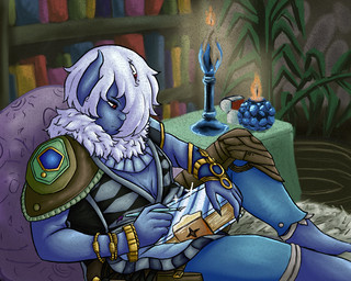 3_eyes blue_body book bookshelf candle clothing fur furniture hair hair_over_eye horn jewelry leather legwear male multi_eye open_chested_shirt overweight overweight_male pillow plant red_eyes rug solo stockings studying white_body white_fur writing_utensil bklocom hasbro magic:_the_gathering wizards_of_the_coast sindri_myr horned_humanoid humanoid mooncalf_(sindri_myr) 5:4 digital_media_(artwork)