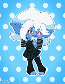 4_fingers 4_toes arm_warmers armwear big_hair clothing dotted_background facial_hair feet female fingers hair hand_on_face leg_warmers legwear leotard mustache pattern_background pink_eyes pointy_ears simple_background solo stripes tartan_skirt toes white_hair flashquatsch flash_(flashquatsch) humanoid troll_(mythology) hi_res