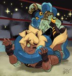 anthro blonde_hair blue_body bodily_fluids bottomwear breasts clothing colored_nails dark_body dark_skin denim denim_bottomwear denim_clothing denim_shorts duo female fight fighting_ring fingerless_gloves fingernails gloves hair handwear hat headgear headwear horizontal_pupils lying military_cap military_uniform nails non-mammal_breasts noseless on_front one_eye_closed pupils short_hair shorts sitting_on_another suction_cup sweat tentacles uniform wrestling yellow_eyes yellow_fingernails yellow_nails yellow_sclera alex_ahad admirable_octavia bae_wulf animal_humanoid canid canid_humanoid canine canine_humanoid cephalopod coleoid humanoid mammal mammal_humanoid marine mollusk octopodiform octopus wolf_humanoid digital_drawing_(artwork) digital_media_(artwork) watermark