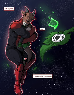 anthro apology black_clothing boots brown_body brown_fur clothing detailed_background dialogue duo eyes_closed footwear fur glowing glowing_body green_clothing horn hug hugging_another male male/male muscular otter_tail red_boots red_clothing red_footwear red_glow shoes size_difference space star tail teeth text_box torn_clothing pandottermon green_lantern_(series) red_lantern skallox toma_(pandottermon) mammal mustelid otter unknown_species 2026 colored hi_res