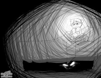 anthro bed bed_covers bedding bedroom clothing dark dream duo furniture glowing glowing_eyes imagination male markings nightmare on_bed ring_(marking) ringed_tail scared sharp_teeth shirt striped_markings striped_tail stripes tail tail_markings teeth topwear under_covers young young_anthro young_male wolfblade collin_conway canid canine fox hybrid mammal monster monster_under_your_bed procyonid raccoon black_and_white grey_theme monochrome