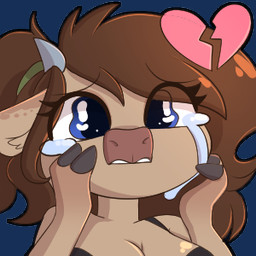 anthro blue_eyes bodily_fluids breasts broken_heart brown_hair chibi cleavage clothed clothing crying female hair heartbroken horn solo tears sakukitty mocha_latte_(ardail) bovid bovine cattle mammal 1:1 alpha_channel bust_portrait icon low_res portrait
