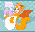 anthro baby_bonnet baby_talk bat bib big_diaper big_tail blue_border blush bodily_fluids border bubblepuppers clothing diaper diaper_puff drooling dust:_an_elysian_tail eyebrows feces female fidget_(elysian_tail) floating fluffy fluffy_tail flying footwear full_diaper fur furgonomic_headwear furgonomics green_eyes grumpy hair handwear hi_res holding_feet hypnosis hypnotic_eyes legs_up mammal messy_diaper messy_hair mind_control mittens nimbat object_in_mouth orange_body orange_fur pacifier pacifier_in_mouth pattern_background paws poof raised_eyebrow sagging_diaper saliva scatplay simple_background socks soiled_diaper soiling solo speech_bubble spots tail teeth white_diaper wings