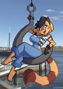 anthro big_breasts blonde_hair blue_eyes breasts clothing eyebrows eyelashes feet female gloves hair handwear hat headgear headwear markings mole_(marking) mole_on_breast mole_under_eye overalls pose solo tan_body psicoyote cassandra_(psicoyote) domestic_cat felid feline felis mammal 2026 absurd_res hi_res pinup