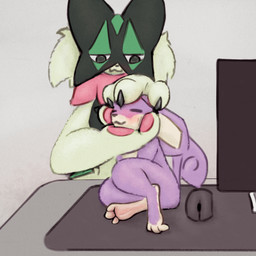 3_toes ambiguous_gender anthro computer_mouse desk digitigrade duo feet furniture handpaw headpat pawpads paws petting sitting size_difference table toes miii_cho nintendo pokemon generation_1_pokemon generation_9_pokemon meowscarada pokemon_(species) rattata 1:1