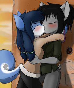 accessory anthro black_hair blue_body blue_fur blue_hair blush clothing collared_shirt detailed_background dress_shirt duo eyes_closed female female/female fingers fur grey_body grey_fur hair hair_accessory hair_tie hug jacket kissing love multicolored_body multicolored_fur outside shirt standing topwear white_body white_fur sandwich-anomaly faith_(icirculate-sound) vanessa_(sandwich-anomaly) canid canine canis domestic_cat domestic_dog felid feline felis husky mammal nordic_sled_dog spitz 2015 digital_media_(artwork)