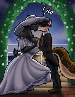 anthro big_hat black_body black_fur black_hair black_nose breasts brown_body brown_fur cleavage clothed clothing countershade_tail countershading crouching detailed_background dialogue digit_ring dress duo ears_down eyelashes eyes_closed facial_markings female flower fluffy fluffy_tail footwear fur hair hand_holding hat head_markings headgear headwear horn husband_and_wife jewelry kiss_on_lips kissing larger_female male male/female markings married_couple mask_(marking) multicolored_body multicolored_fur neck_tuft pivoted_ears plant ring shoes size_difference smaller_male southern_belle suit sunset tail tan_body tan_fur text tuft two_tone_body two_tone_fur water wedding wedding_dress wedding_ring irc_(artist) bathory_black_(therealnarrowjungle) erkin_(zibdan) bovid canid canine caprine fennec_fox fox goat mammal true_fox absurd_res hi_res signature