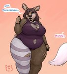 after_transformation anthro big_breasts black_lips black_nose breasts brown_background brown_body cleavage_cutout clothing collar cutout dialogue disembodied_tail duo ear_piercing ear_ring female fishnet_clothing hair leotard lips navel navel_cutout overweight overweight_female pattern_clothing piercing ring_piercing simple_background solo_focus striped_clothing stripes text torn_clothing wide_hips miltonholmes deer mammal 2021 english_text