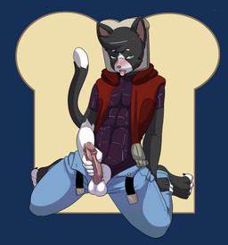 abs anthro athletic athletic_anthro athletic_male balls belt biped black_body black_fur blush bodily_fluids bottomwear bread cheek_tuft claws clothed clothing curling_toes denim denim_bottomwear denim_clothing dipstick_tail dripping erection facial_tuft feet fingerless_(marking) food foreskin fully_clothed fur fur_markings genital_fluids genitals gloves_(marking) half-closed_eyes head_tuft headgear holding_penis hoodie humanoid_genitalia humanoid_penis in_bread jeans kneeling looking_at_viewer male markings masturbation multicolored_body multicolored_fur multicolored_tail narrowed_eyes open_bottomwear open_clothing open_mouth open_pants pants partially_clothed pecs penile penile_masturbation penis penis_poking_out pink_nose pink_penis pink_tongue pose precum presenting presenting_penis reclining retracted_foreskin simple_background sleeveless_clothing solo spread_legs spreading tail tail_markings teeth tight_clothing toe_claws toeless_(marking) tongue tongue_out topwear tuft two_tone_body two_tone_fur unbuttoned vest white_body white_fur munkeesgomu andy_(breadcat) domestic_cat felid feline felis mammal alpha_channel hi_res meme pinup