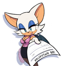 anthro bat_wings big_breasts big_ears black_bottomwear black_clothing black_nose black_skirt blue_eyes blue_eyeshadow bottomwear breasts cleavage clothed clothing eyelashes eyeshadow female fur gloves handwear job_application lipstick makeup membrane_(anatomy) membranous_wings pink_lipstick purple_clothing purple_topwear reaching_towards_viewer simple_background skirt solo tan_body tan_fur topwear white_background white_body white_clothing white_fur white_gloves white_handwear wide_hips wings bananagaari sega sonic_the_hedgehog_(series) rouge_the_bat bat mammal
