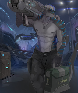 abs anthro clock clothed clothing countershading dog_tags futuristic hair jewelry male muscular muscular_anthro muscular_male necklace nipples solo standing topless watch shnider nikita_akulov_(nika_sharkeh) aquatic fish shark