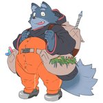 anthro belly bottomwear bulge clothing cute_fangs fangs hoodie humanoid_hands kemono male overweight overweight_anthro overweight_male pants simple_background solo teeth topwear white_background kira_nerisu canid canine mammal 1:1 2013