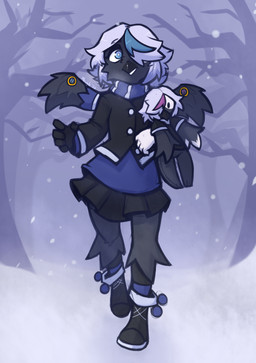 5_fingers anthro beak black_beak black_body black_feathers blue_highlights clothed clothing eyebrow_through_hair eyebrows feathers female fingers footwear hair highlights_(coloring) looking_at_viewer outside plant plushie shoes smile snow snowing solo translucent translucent_hair tree white_hair wings winter mewgle huginn_(mewgle) muninn_(mewgle) avian bird corvid corvus_(genus) oscine passerine raven 2026 hi_res