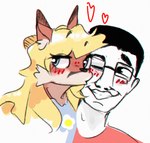 anthro black_hair blonde_hair blue_eyes blush clothed clothing duo eyewear female fur glasses hair happy heart_symbol kissing kissing_cheek male male/female red_body red_fur simple_background smile white_background white_body white_skin lil_sorrow chudjak canid canine fox human mammal digital_media_(artwork) meme