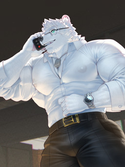 accessory anthro beard belt biceps black_belt black_bottomwear black_clothing black_pants bottomwear cellphone claws clock clothing collared_shirt dog_tags dress_shirt electronics eyewear facial_hair finger_claws fur glasses green_eyes hair holding_cellphone holding_object holding_phone holding_smartphone inside jewelry low-angle_view male muscular muscular_anthro muscular_male necklace nipple_outline office on_phone pants pawpads pecs phone shirt smartphone solo tight_clothing topwear watch white_body white_clothing white_fur white_hair white_shirt white_topwear wristwatch raccoon21 december_twilight nicholas_briant bear mammal polar_bear ursine 2024 3:4 absurd_res hi_res