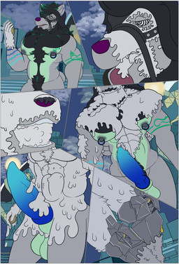 anthro balls black_body black_fur black_nipples blue_penis border city clock clothing duo ear_piercing ear_ring erection forced forced_transformation fur genitals glowing glowing_genitalia glowing_penis goo_transformation grey_body grey_fur holding_pocketwatch hypnosis latex latex_clothing latex_skinsuit latex_transformation male mind_control muscular muscular_anthro muscular_male nipple_piercing nipple_ring nipples penis piercing pocketwatch purple_body purple_fur ring_piercing skinsuit solo spiral spiral_eyes tight_clothing tongue tongue_out transformation watch white_body white_border white_fur white_latex yellow_body yellow_fur indigodigitalos mihoyo zenless_zone_zero von_lycaon canid canine canis mammal thiren wolf comic hi_res