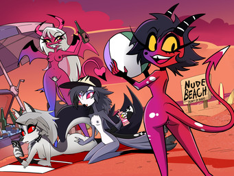 anthro anus bat_wings black_nose breasts butt buttplug clothing collar collar_only female grey_body group hat hat_only headgear headgear_only headwear headwear_only holding_object membrane_(anatomy) membranous_wings mostly_nude navel nipples nude nude_beach nude_female on_model open_mouth pink_body plug_(sex_toy) pubes red_eyes sex_toy sign smile style_emulation sunscreen tail teeth vaginal white_body wings yellow_eyes moon_pearl succubi_samus hellaverse helluva_boss mythology loona_(helluva_boss) millie_(helluva_boss) octavia_(helluva_boss) verosika_mayday canid canid_demon canine demon hellhound humanoid mammal mythological_canine mythological_creature 4:3 hi_res