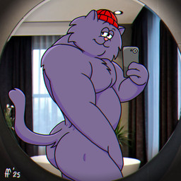 anthro beanie beanie_only bedroom_eyes biped butt butt_pose cellphone cheek_tuft chest_tuft closed_smile clothing electronics facial_tuft fur fur_tuft hat hat_only headgear headgear_only headwear headwear_only holding_cellphone holding_object holding_phone holding_smartphone male mirror mirror_selfie mostly_nude mostly_nude_anthro mostly_nude_male mouth_closed narrowed_eyes pecs phone pink_nose pose purple_body purple_fur red_beanie red_clothing red_hat red_headwear seductive selfie smartphone smile solo tail tuft wearing_hat fabfelipe heathcliff_and_the_catillac_cats mungo domestic_cat felid feline felis mammal 1:1 2025 chromatic_aberration digital_drawing_(artwork) digital_media_(artwork) hi_res