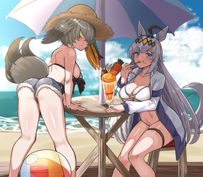 5_fingers ahoge ball bangs beach beach_ball beach_umbrella belly beverage bikini black_bikini black_body black_clothing black_feathers black_hair black_swimwear black_wings blue_bikini blue_bottomwear blue_clothing blue_eyes blue_shorts blue_sky blue_swimwear bodily_fluids bottomwear breast_rest breasts carrot chair cleavage clothed clothing cloud collarbone cutlery day denim denim_bottomwear denim_clothing denim_shorts duo eating eyebrow_through_hair eyebrows eyelashes feathered_wings feathers female female_humanoid fingers food fruit furniture green_eyes grey_body grey_ears grey_eyebrows grey_feathers grey_hair grey_tail grey_wings hair head_wings holding_spoon inflatable kitchen_utensils leaning leaning_forward leaning_on_table legband light long_hair looking_at_viewer midriff milkshake multicolored_hair orange_body orange_feathers outside parasol plant pockets pupils sea short_hair shorts side_boob sitting skindentation sky slit_pupils spoon standing strawberry sunlight sweat sweaty_arms sweaty_belly sweaty_breasts sweaty_face sweaty_legs swimwear swimwear_under_clothing table tail tail_feathers thighband tools translucent translucent_hair two-piece_swimsuit two_tone_bikini two_tone_hair two_tone_wings under_boob unusual_wing_placement vegetable water white_bikini white_clothing white_swimwear wings nico-mo cygames kemono_friends uma_musume_pretty_derby oguri_cap_(pretty_derby) shoebill_(kemono_friends) animal_humanoid avian avian_humanoid bird bird_humanoid equid equid_humanoid equine equine_humanoid horse_humanoid humanoid mammal mammal_humanoid pelecaniform pelecaniform_humanoid shoebill_humanoid 2025 crossover hi_res lighting shaded