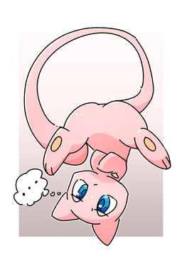 ambiguous_gender anthro biped blue_eyes blush blush_lines butt crossed_arms ellipsis front_view geometric_background gradient_background lidded_eyes long_tail pawpads paws pink_body semi-anthro simple_background solo tail thinking thought_bubble upside_down chaba nintendo pokemon generation_1_pokemon legendary_pokemon mew_(pokemon) pokemon_(species) digital_drawing_(artwork) digital_media_(artwork) hi_res japanese_description shaded