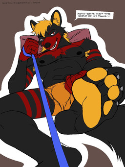 4_toes abs anthro armpit_hair biped black_body black_fur blonde_hair body_hair bulge claws clothed clothing dialogue dominant feet foot_fetish foot_focus fur good_boy hair humanoid_feet leash leash_pull leashed_viewer looking_at_viewer low-angle_view male male_anthro muscular muscular_anthro muscular_male nipples pawpads paws pecs pillow plantigrade praise red_body red_eyes simple_background smile soles solo speech_bubble talking_to_viewer text toe_claws toes underwear yellow_pawpads patoso canid canine canis mammal wolf 3:4 english_text hi_res