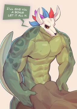 anthro balls barazoku big_balls big_muscles big_penis biped black_sclera bodily_fluids bone bone_mask doggystyle duo erection from_behind_position genitals glans green_body green_scales humanoid_genitalia humanoid_penis looking_at_viewer male male/male mask muscular muscular_anthro muscular_male nipples nude_anthro nude_male penis pink_nipples scales sex skull skull_mask solo_focus sweat sweatdrop yellow_eyes masbro mythology terraria witch_doctor_(terraria) ambiguous_species dragon mythological_creature mythological_scalie scalie absurd_res hi_res