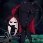 5_fingers anthro bent_over biped black_eyes breasts butt cloak clothing eyelashes female fingers genitals looking_at_viewer melee_weapon pussy rear_view red_cloak red_clothing shaking_butt solo spreading text weapon juicykinks hollow_knight team_cherry hornet_(hollow_knight) the_knight_(hollow_knight) arthropod 1:1 2024 animated artist_name digital_media_(artwork) english_text loop low_res short_playtime