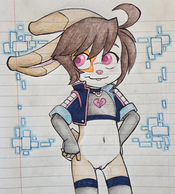 anthro biped bottomless bottomless_female brown_hair buckteeth clitoris clothed clothing countershade_face countershade_torso countershading eye_markings eyebrows female front_view genitals hair hands_on_own_hips jacket legwear lined_paper looking_aside markings midriff navel pink_nose shirt short_hair solo standing star_(marking) stockings tan_body teeth thigh_highs topwear vulva white_body white_countershading young young_anthro young_female paige_(artist) mae_(paige) lagomorph leporid mammal rabbit 2025 absurd_res hi_res traditional_media_(artwork)