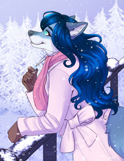 anthro blue_body blue_eyes blue_fur blue_hair clothed clothing female fur hair looking_up pink_clothing pink_topwear side_view smile solo topwear white_body white_fur tiggybloom canid mammal 2019 dated hi_res signature