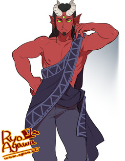 4_fingers biceps biped black_hair blue_clothing blue_topwear bottomwear claws clothed clothing curved_horn denim denim_bottomwear denim_clothing facial_hair fingers frill_(anatomy) front_view frown goatee green_sclera grey_background grey_bottomwear grey_clothing hair hand_on_hip head_crest head_frill horn humanoid_hands japanese jeans long_hair male membrane_(anatomy) membranous_frill muscular muscular_humanoid muscular_male nipples no_pupils not_furry pants pecs pose raised_arm red_body red_nipples red_skin robe simple_background solo standing text topwear white_background white_horn ryo_agawa demon humanoid 2016 character_request digital_media_(artwork) url watermark