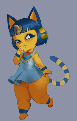 anthro blue_body blue_eyes blue_fur blue_hair bottom_heavy clothed clothing dress eyelashes female front_view fur genitals grey_background hair markings no_underwear short_hair shortstack shortstack_female simple_background solo striped_markings striped_tail stripes tail tail_markings thick_thighs uraeus vulva white_clothing white_dress wide_hips yellow_body yellow_fur galacticxchick animal_crossing nintendo ankha_(animal_crossing) domestic_cat felid feline felis mammal